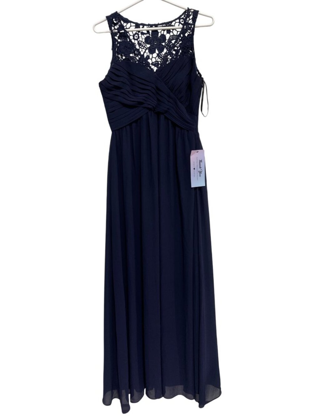 Simply Chiffon Gown Medium Crochet Lace Pleated Navy Blue Bridesmaid Elegant NEW